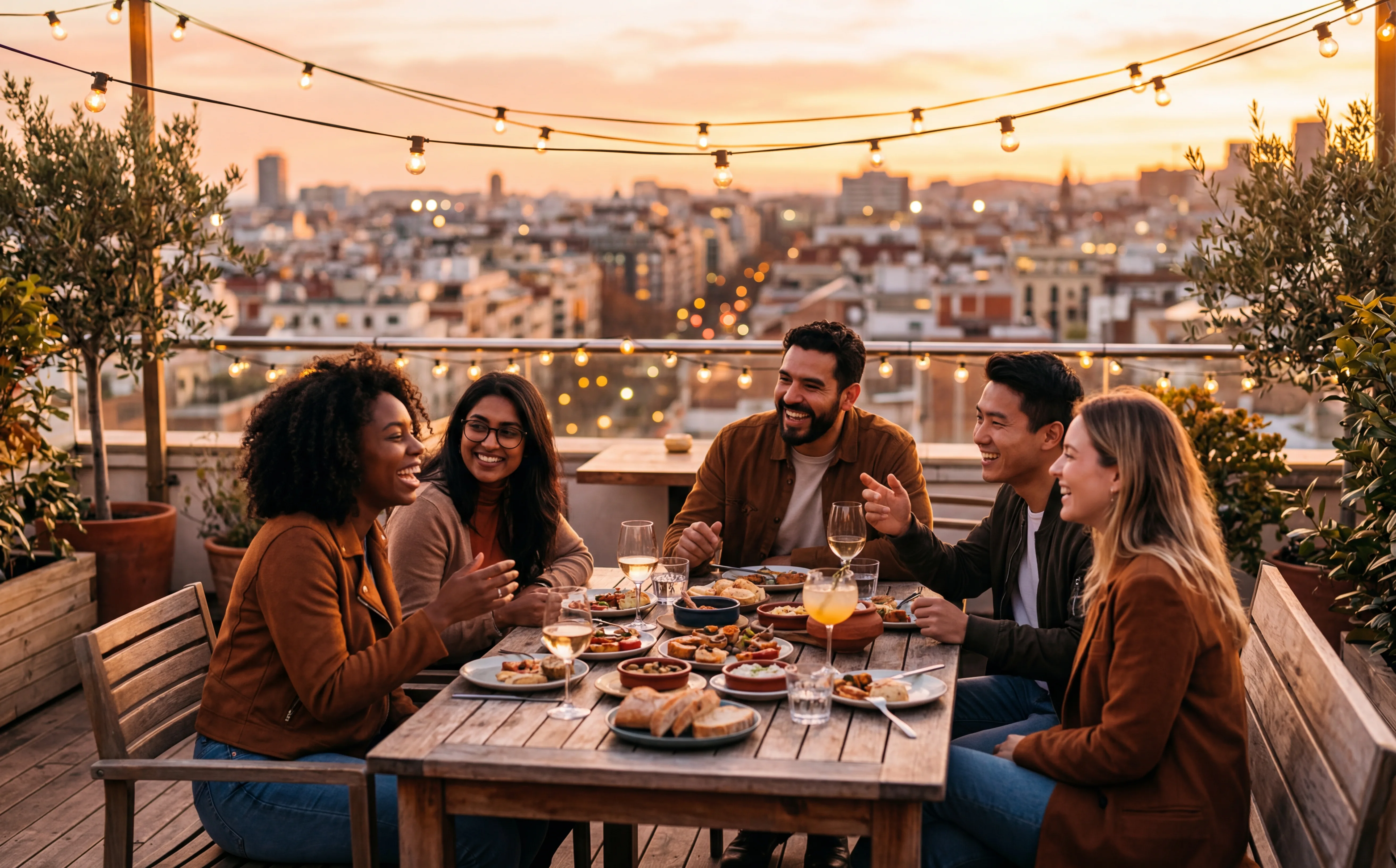Friends gathered at a cozy rooftop cafe at sunset